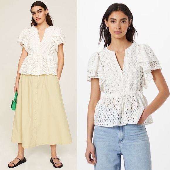 HOFMANN COPENHAGEN Eyelet Lace Ruffle Tier Short Sleeve V-Neck Tie Waist Top 4 - Picture 1 of 13